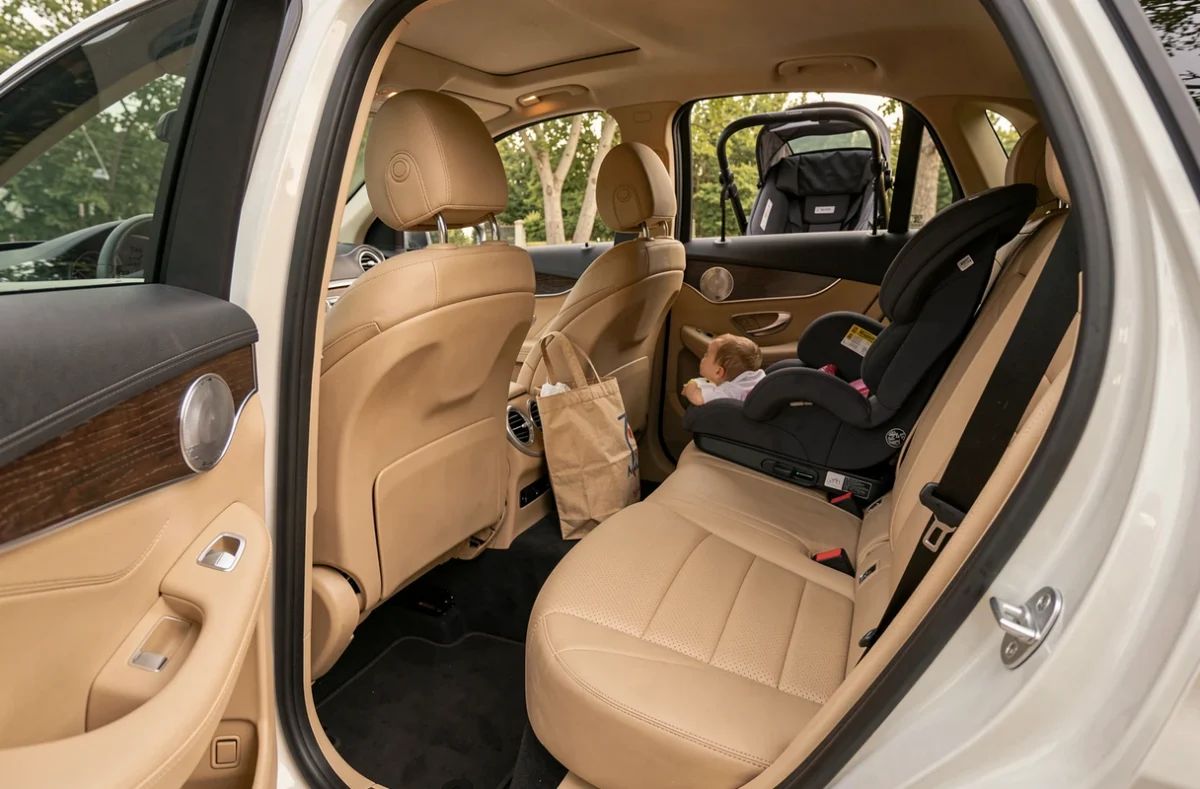 Intérieur du Mercedes GLC avec sièges enfants installés et espace de chargement familial visible