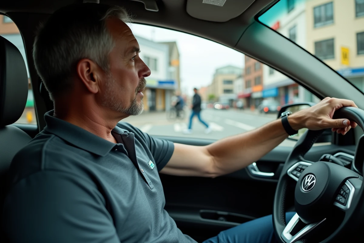 Moniteur d'auto-école expliquant l'anticipation des dangers en conduite urbaine à un élève conducteur