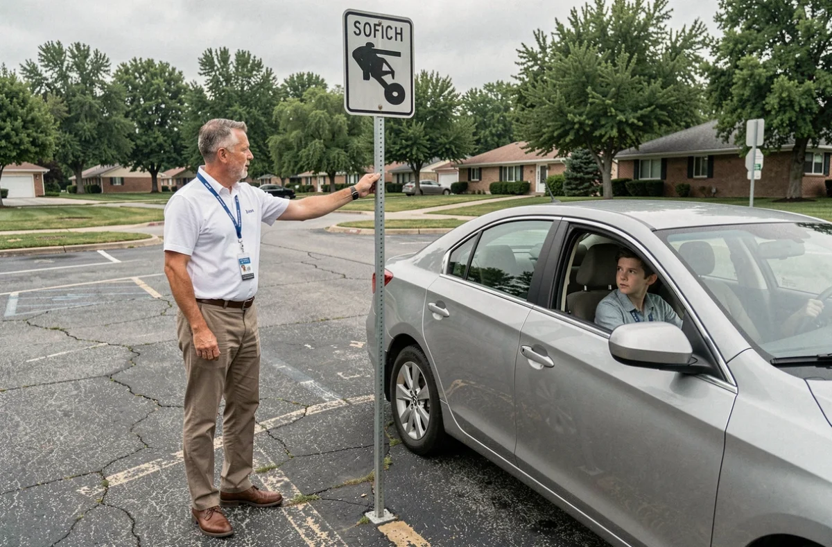Moniteur d'auto-école expliquant une situation réelle à un élève lors d'une leçon de conduite en parking