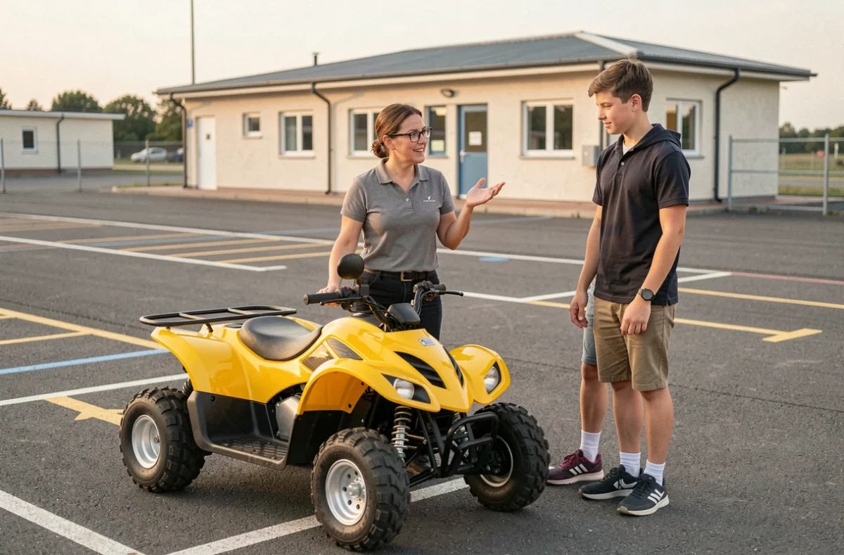 Monitrice d'auto-école expliquant les règles de conduite d'une voiturette sans permis à un jeune élève