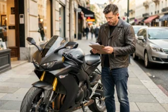 Motard examinant des documents d'assurance moto à côté de sa moto en ville