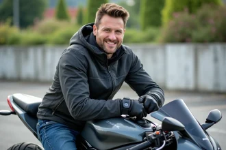 Motard en ville sur sa Suzuki GSX 600 R avec accessoires