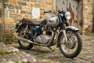 Moto de collection Triumph Bonneville des années 1960 garée sur des pavés devant un vieux garage en pierre