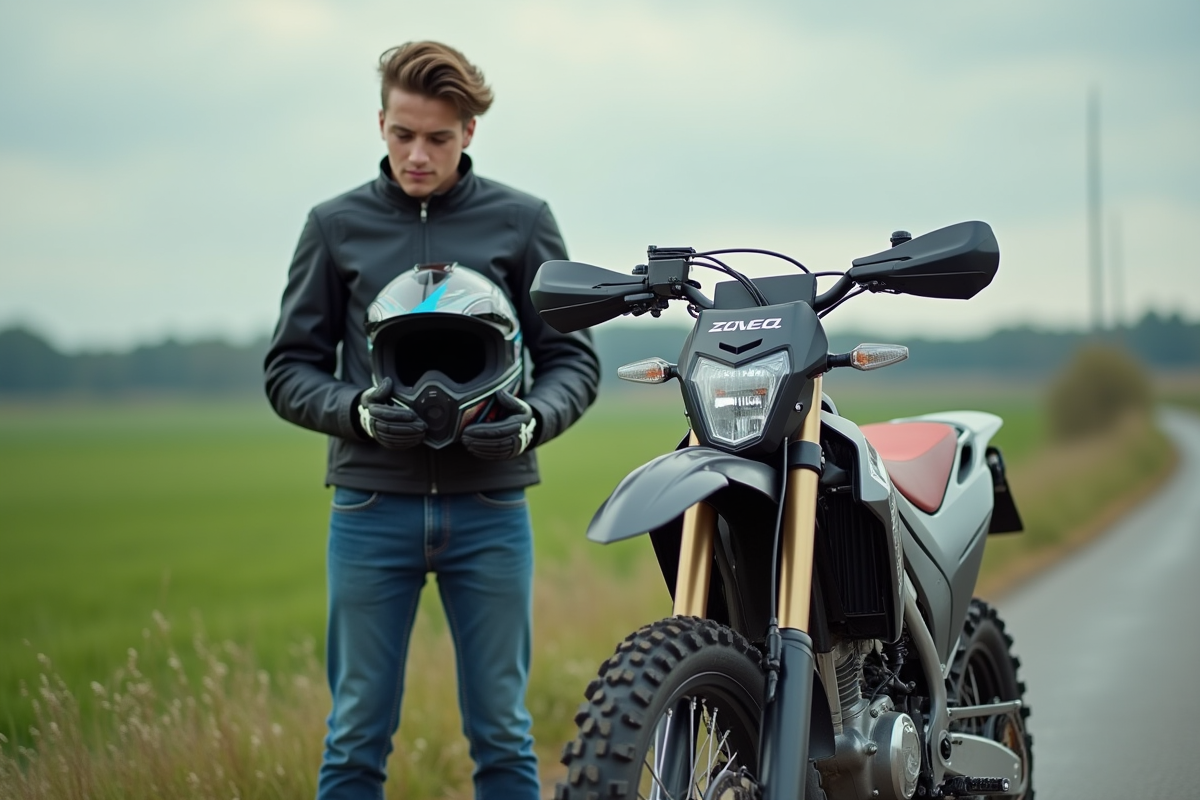 Jeune homme en moto tout-terrain sur route avec casque