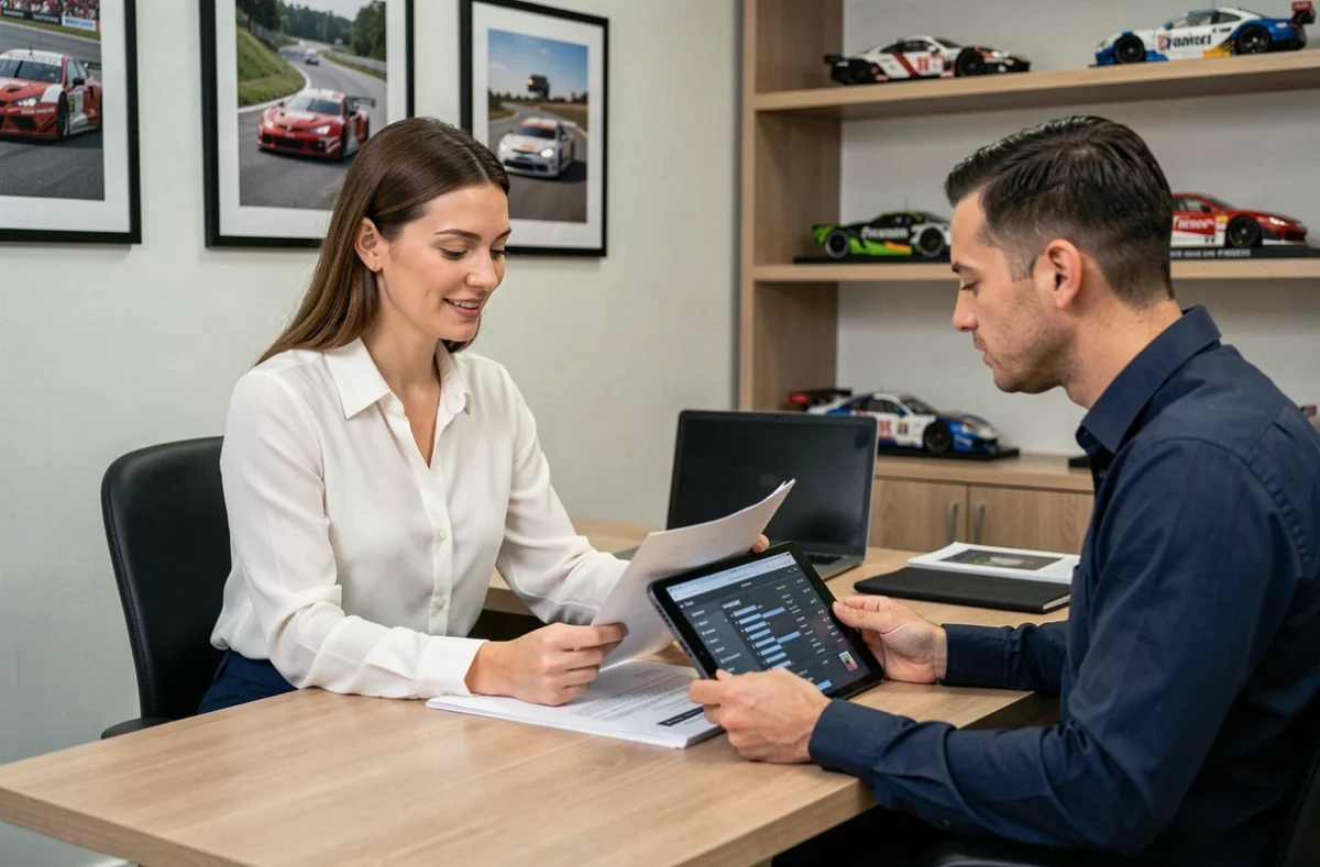 Négociation de vente de voiture de course entre un courtier motorsport et une cliente dans un bureau professionnel