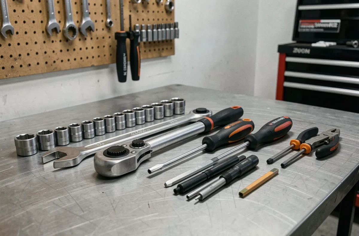 Ensemble d'outils de mécanicien auto disposés sur un établi d'atelier : clés, douilles, tournevis et clé dynamométrique