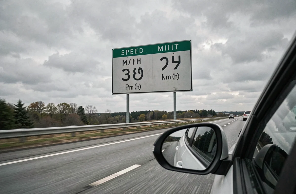 Panneau de signalisation autoroutier indiquant la limite de vitesse en miles par heure et en kilomètres par heure