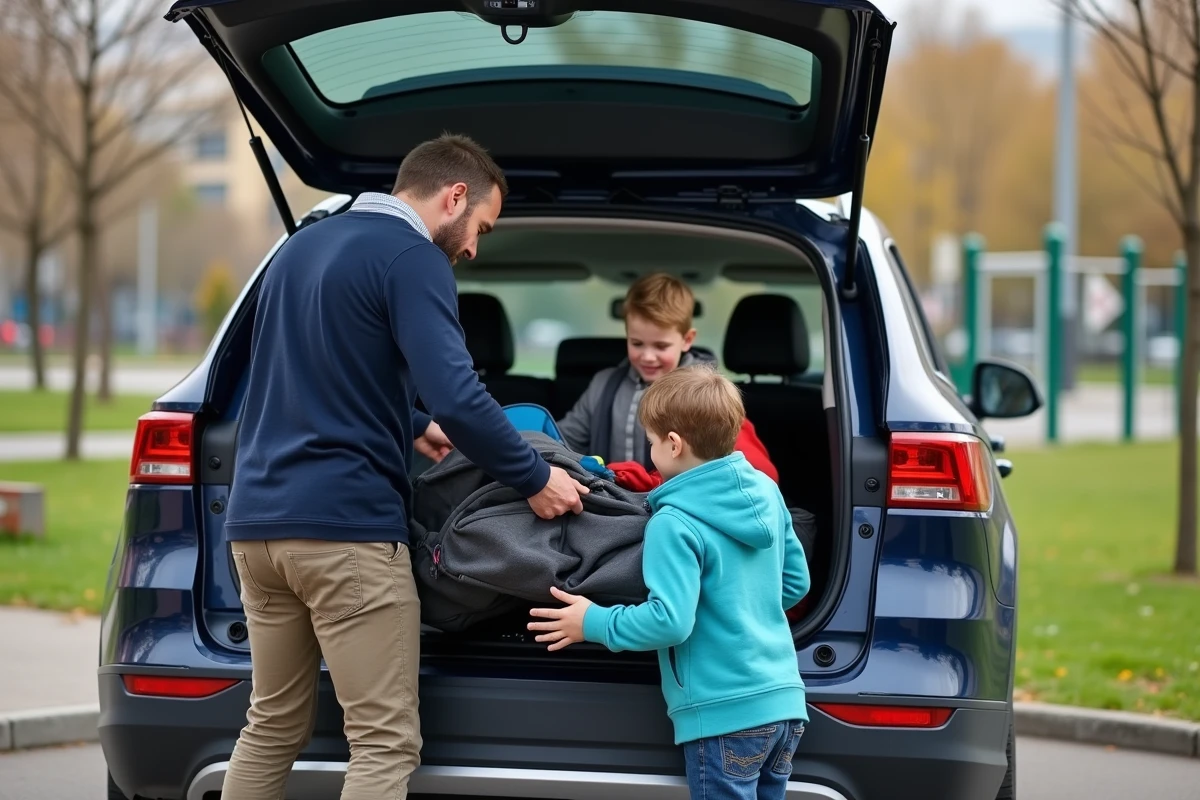 Père arrangeant poussette dans le coffre du SUV familial
