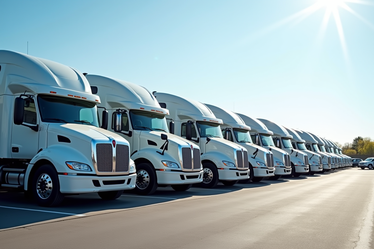 Flotte de camions d'occasion bien entretenus dans un concessionnaire ensoleille