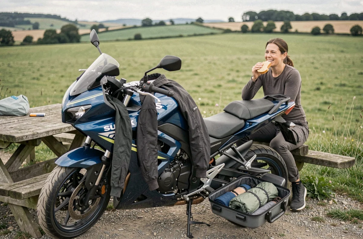 Motarde faisant une pause repas dans une aire de campagne près d'une Suzuki GSX 750 avec les sacoches ouvertes
