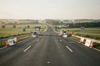 Péage autoroutier désactivé en France avec panneaux de gratuité, route vide et campagne verdoyante en arrière-plan