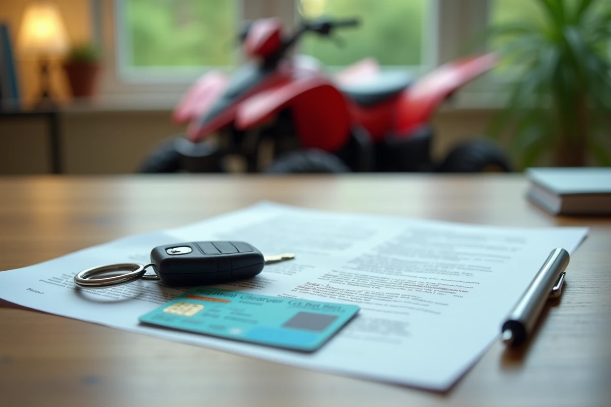 Permis de conduire, clé de quad et document administratif sur un bureau en bois, illustrant les exigences légales pour conduire un quad pour se rendre au travail