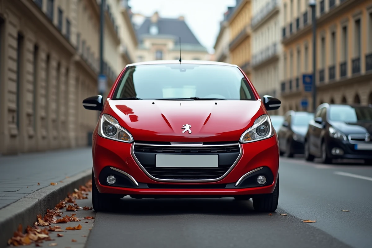 Peugeot 208 rouge garée dans une rue parisienne vue en angle trois quarts avant
