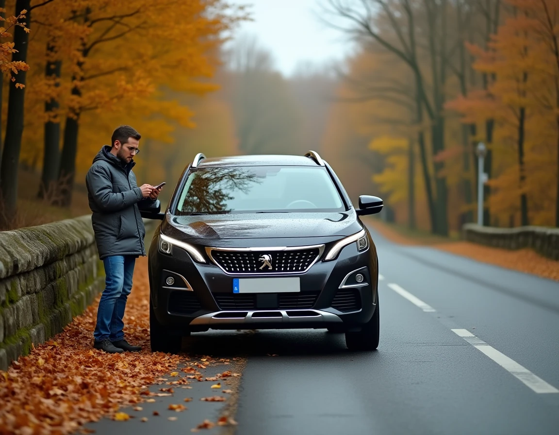 Conducteur en panne sur le bord de la route avec une Peugeot affichant le code P2563 au tableau de bord