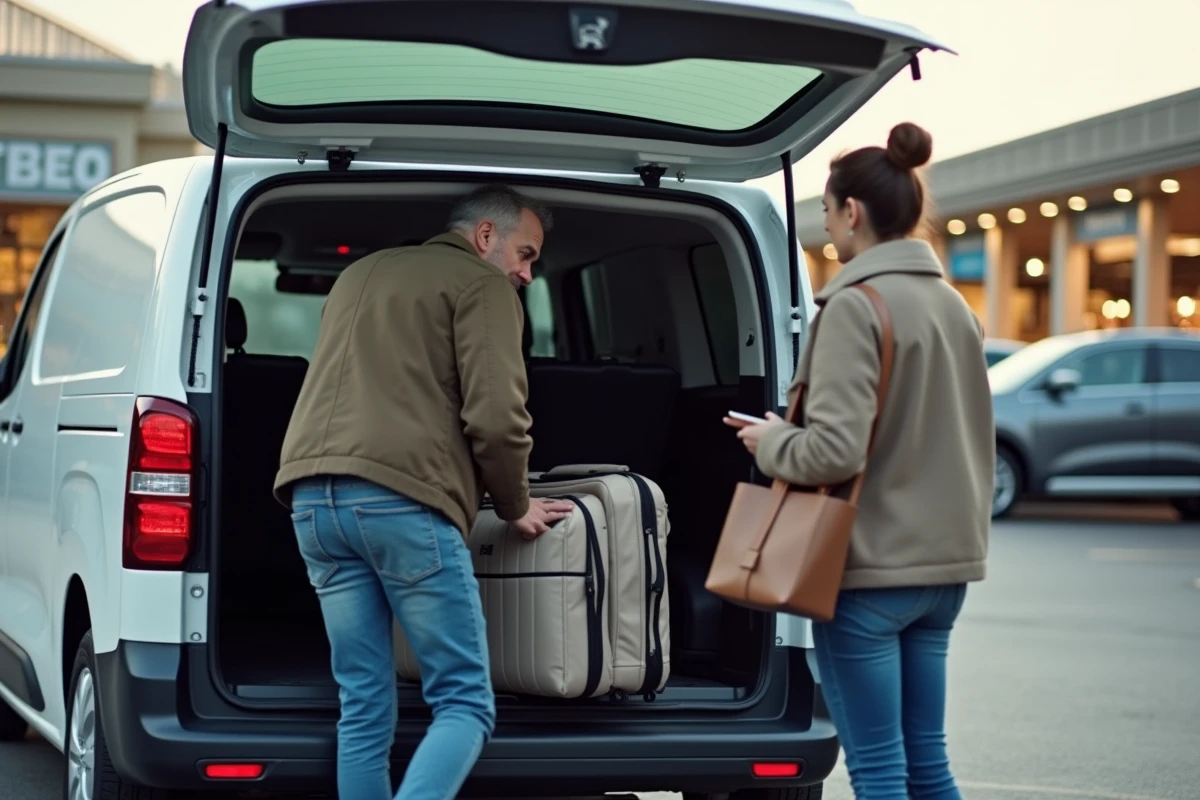 Famille chargeant des bagages dans le coffre d'un Peugeot Rifter blanc sur un parking de supermarché
