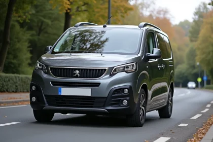 Peugeot Rifter gris métallisé garé dans une rue pavillonnaire française, vue 3/4 avant