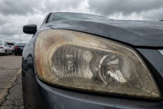 Phare avant jauni et fissuré sur une voiture moderne en parking, montrant l'oxydation et les craquelures du plastique