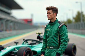Jeune pilote de course électrique en tenue verte près de sa voiture