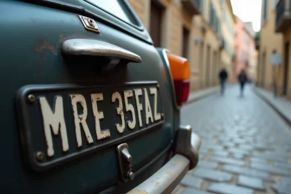 Plaque d'immatriculation noire vintage sur une voiture de collection française garée dans une rue pavée européenne