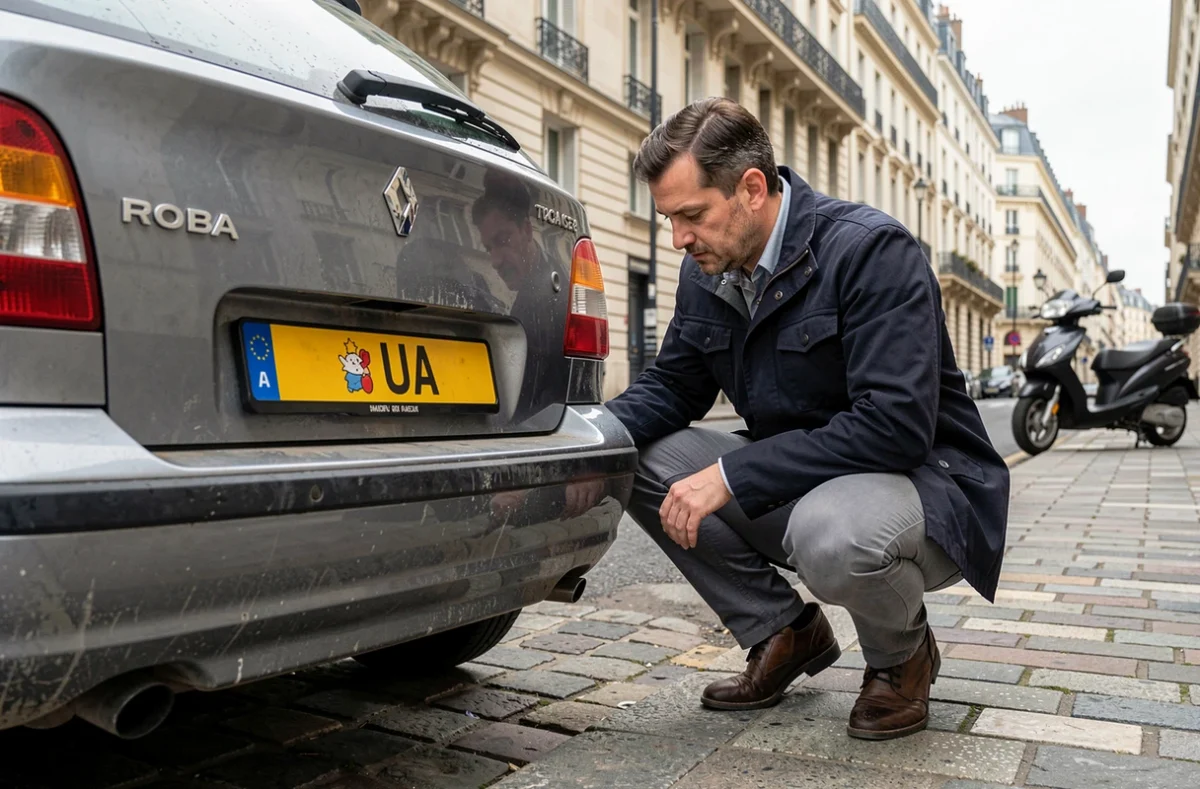 Un homme inspecte la plaque d'immatriculation ukrainienne d'un véhicule garé dans une rue française
