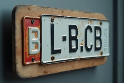 Plaques d'immatriculation européennes avec codes pays dont le L du Luxembourg sur un panneau en bois