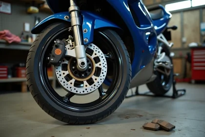 Roue avant et frein d'une Suzuki GSXR 1100 de 1992 avec pneus haute performance dans un garage mécanique