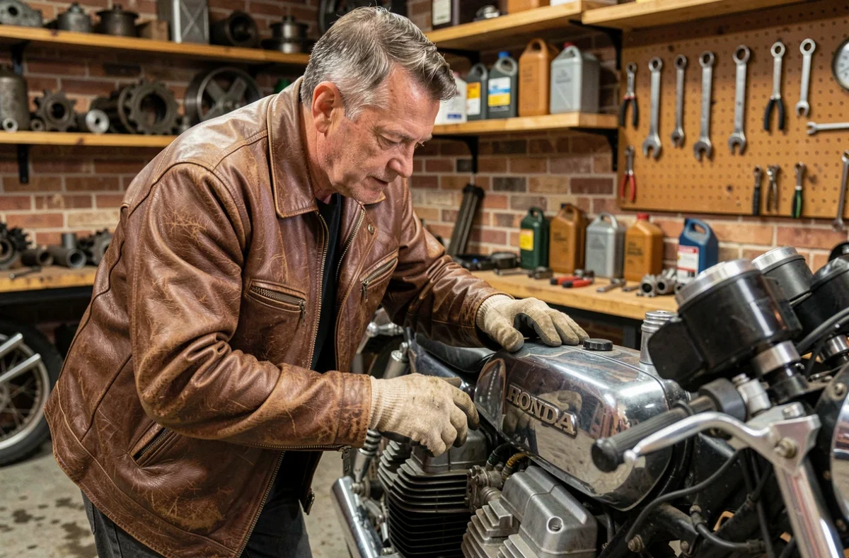Propriétaire de moto de collection inspectant le moteur d'une Honda CB750 restaurée dans un atelier privé