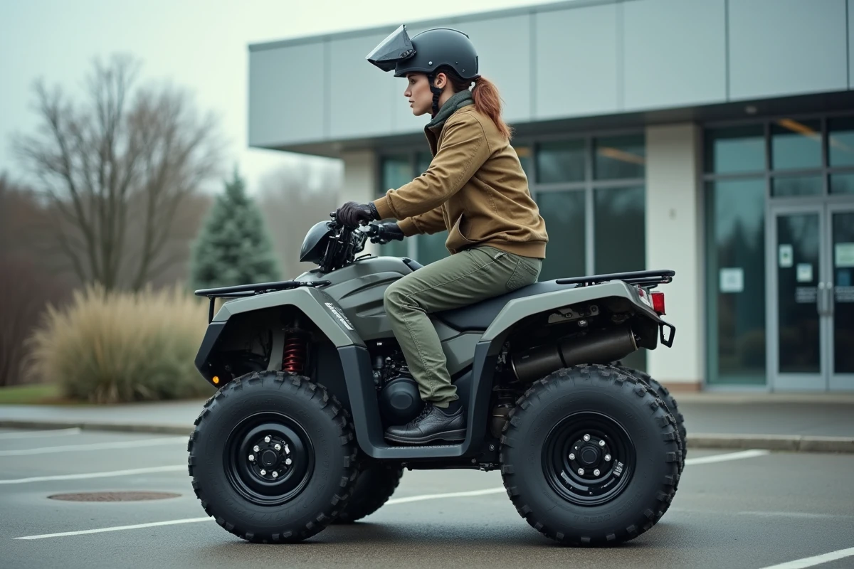 Femme avec casque homologué descendant d'un quad dans un parking d'entreprise, pour illustrer les règles de conduite d'un quad en milieu professionnel