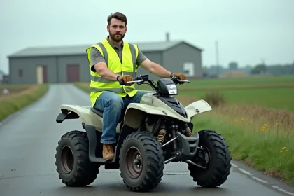 Homme en gilet de sécurité assis sur un quad tout-terrain sur une route rurale, illustrant l'utilisation d'un quad pour aller au travail