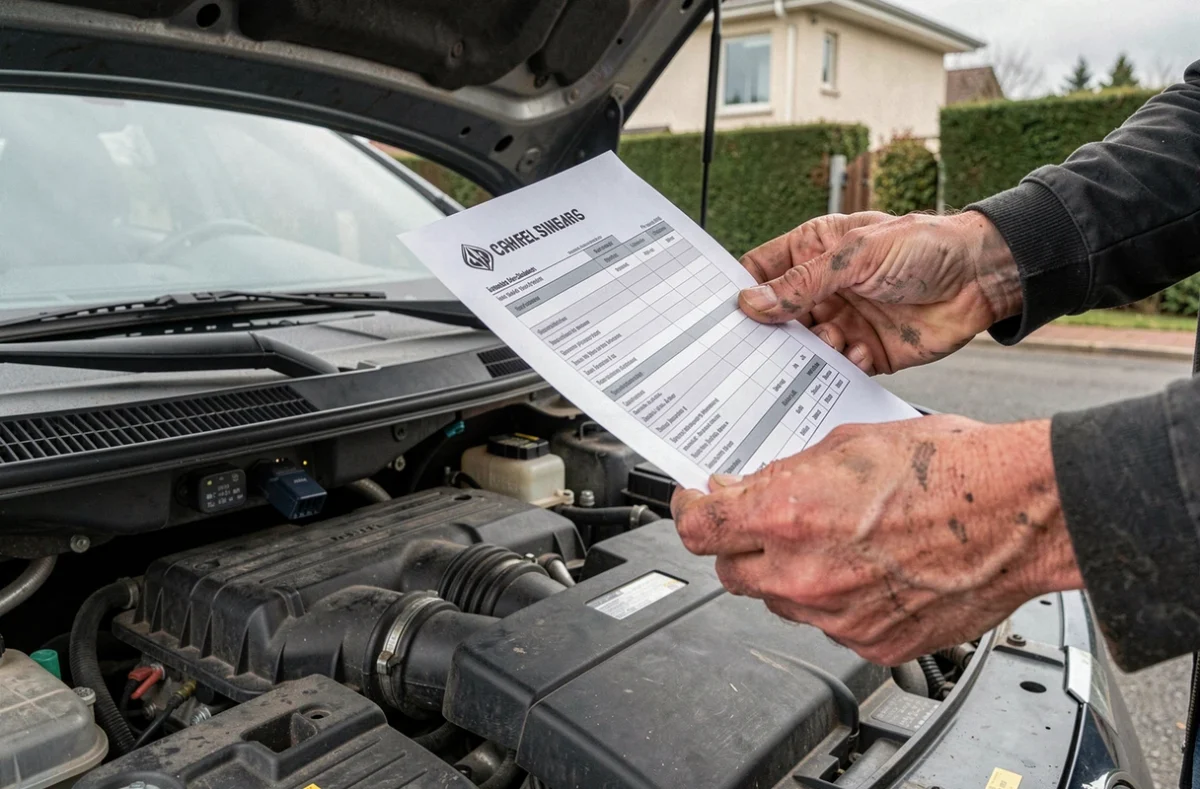 Gros plan sur les mains d'un automobiliste tenant un rapport de diagnostic DTC devant le compartiment moteur ouvert de sa voiture