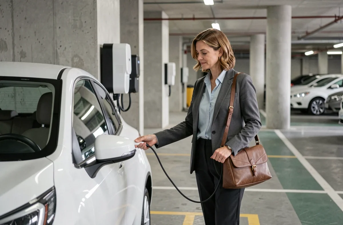 Femme branchant le câble de recharge d'une voiture hybride dans un parking urbain souterrain