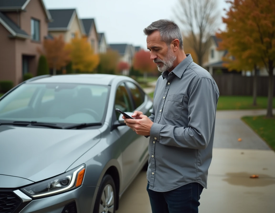 Homme recherchant une assurance voiture pas chère sur smartphone devant sa voiture dans un quartier résidentiel