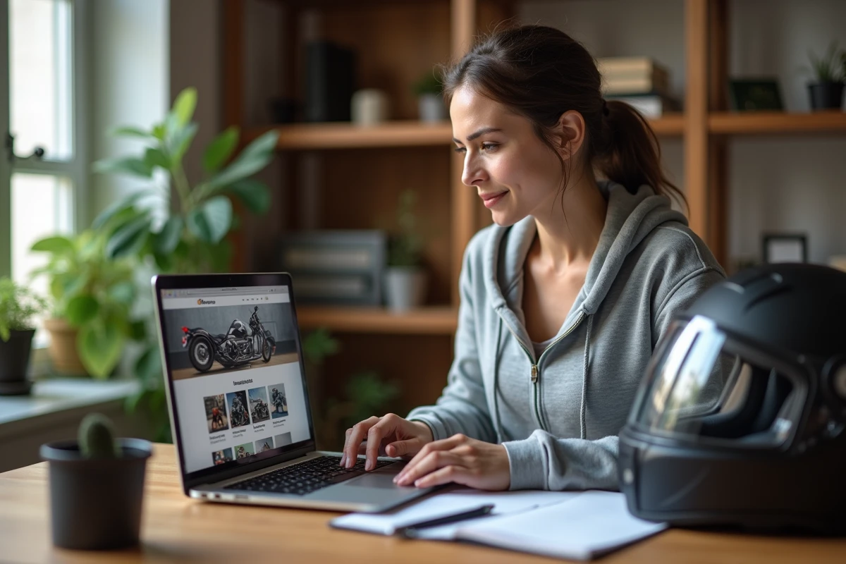Femme consultant un guide d'achat moto d'occasion sur ordinateur portable à son bureau