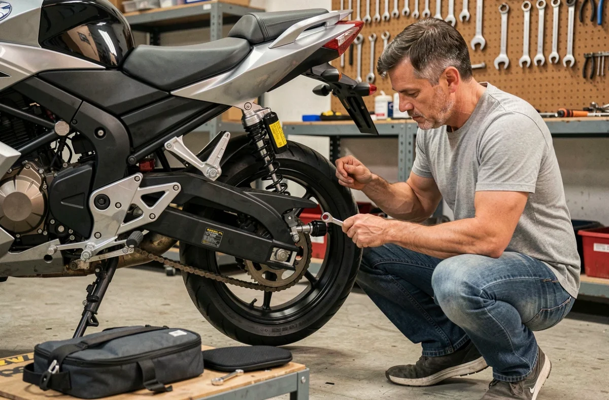 Mécanicien réglant l'amortisseur arrière d'une Suzuki GSX 750 dans un garage avec des accessoires de voyage posés sur un établi