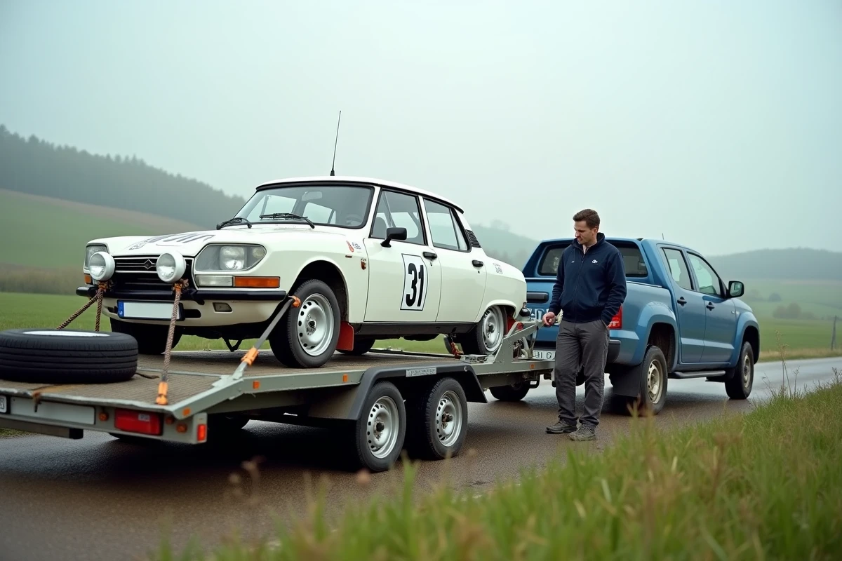 Remorque chargée avec une Citroën C2 de rallye occasion attachée à un pickup dans la campagne française