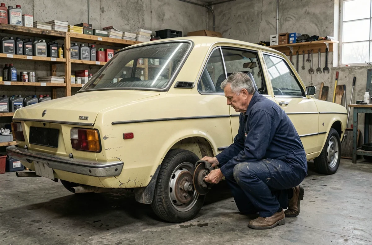 Renault 10 jaune pâle des années 1970 dans un garage vintage avec un mécanicien inspectant le frein arrière
