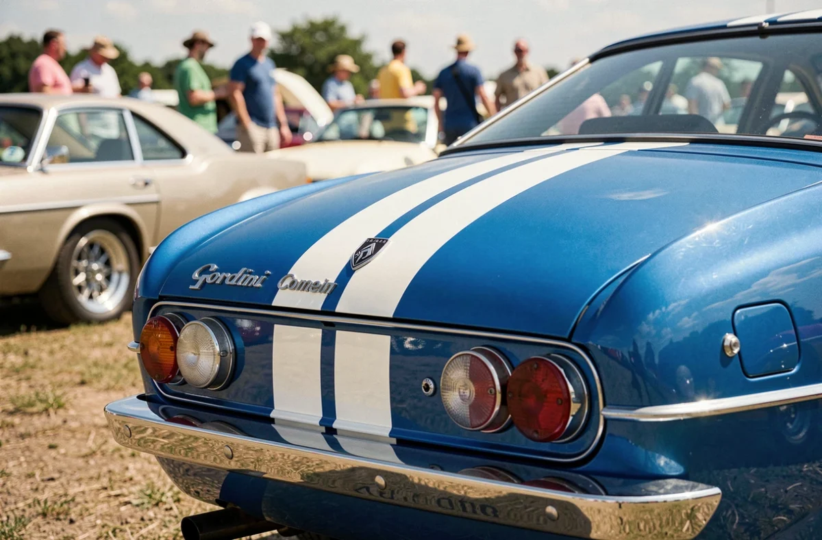 Renault 8 Gordini bleue restaurée avec bandes blanches lors d'un rassemblement de voitures classiques, vue arrière trois quarts