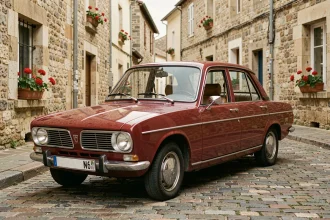 Renault 8 rouge vintage des années 1960 garée sur une rue pavée d'un village français, vue en trois quarts avant