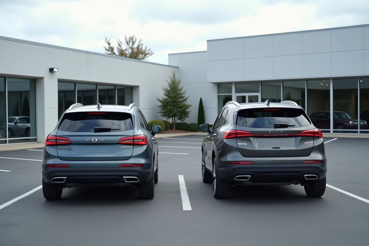 Comparaison côte à côte du Renault Symbioz en gris rafale et gris schiste dans un parking de concession, mettant en évidence les différences de teintes et de reflets