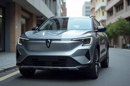 Renault Symbioz en gris rafale garé en milieu urbain, vue trois quarts avant mettant en valeur les nuances métallisées bleutées de la carrosserie