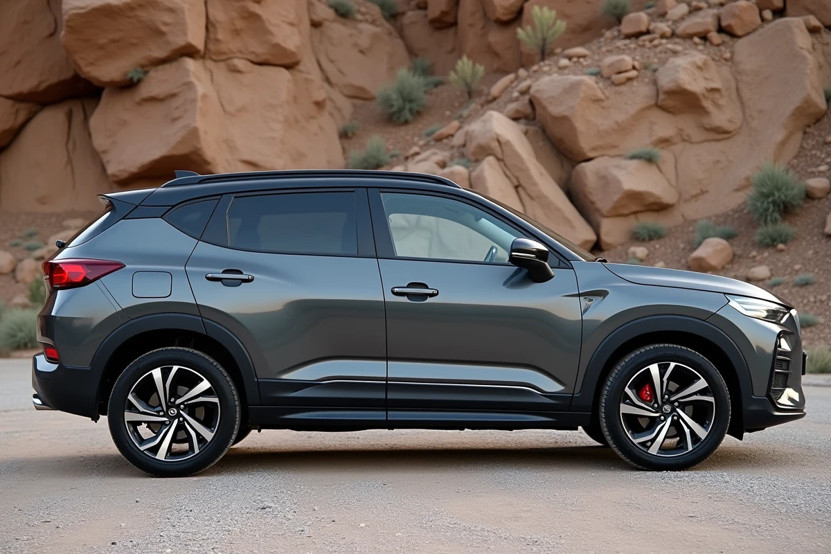 Renault Symbioz en gris schiste de profil dans un environnement naturel rocheux, soulignant les reflets chauds et la profondeur mate de cette teinte ardoisée