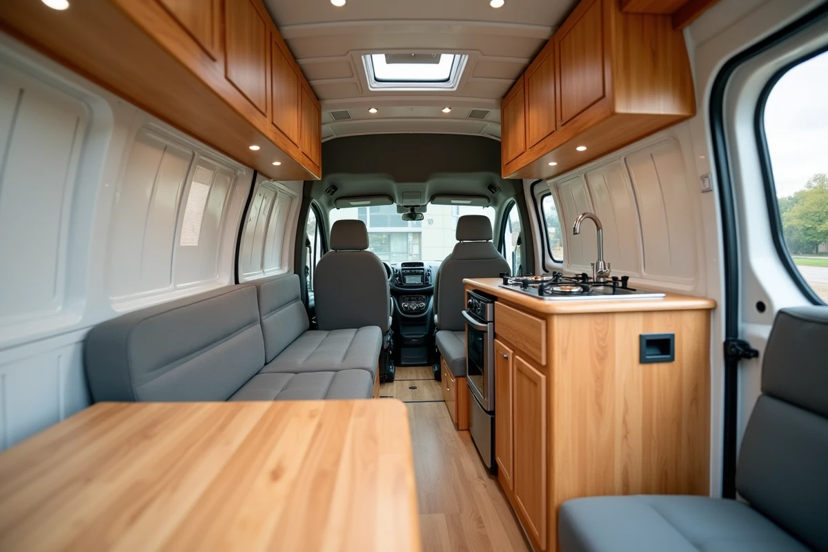 Aménagement intérieur d'un Renault Trafic H2 converti en camping-car avec cuisine en bois et rangements