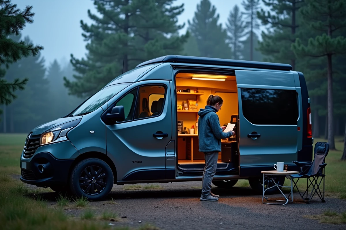 Renault Trafic H2 en version camping-car garé sur un terrain boisé avec une voyageuse consultant une carte