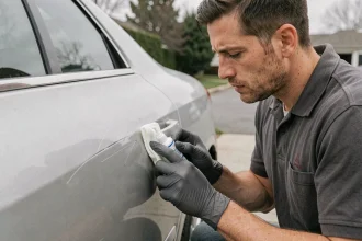 Homme appliquant du dentifrice sur une rayure de carrosserie de voiture avec un chiffon microfibre