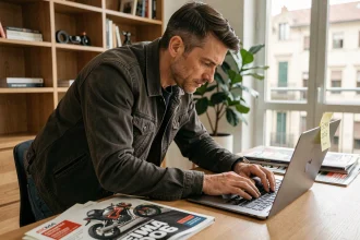 Homme réservant ses billets en ligne pour le salon EICMA 2026 à Milan sur son ordinateur portable entouré de magazines moto