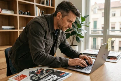 Homme réservant ses billets en ligne pour le salon EICMA 2026 à Milan sur son ordinateur portable entouré de magazines moto