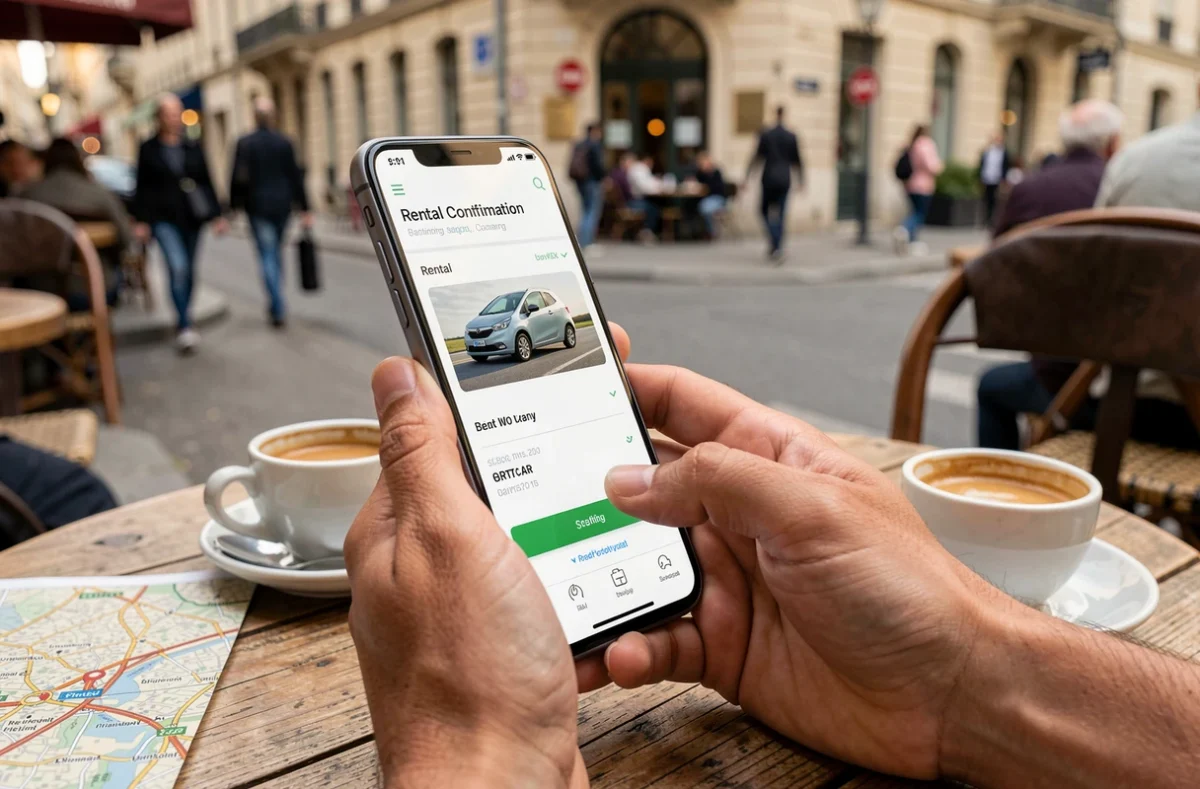Mains tenant un smartphone avec une réservation en ligne de voiture sans permis