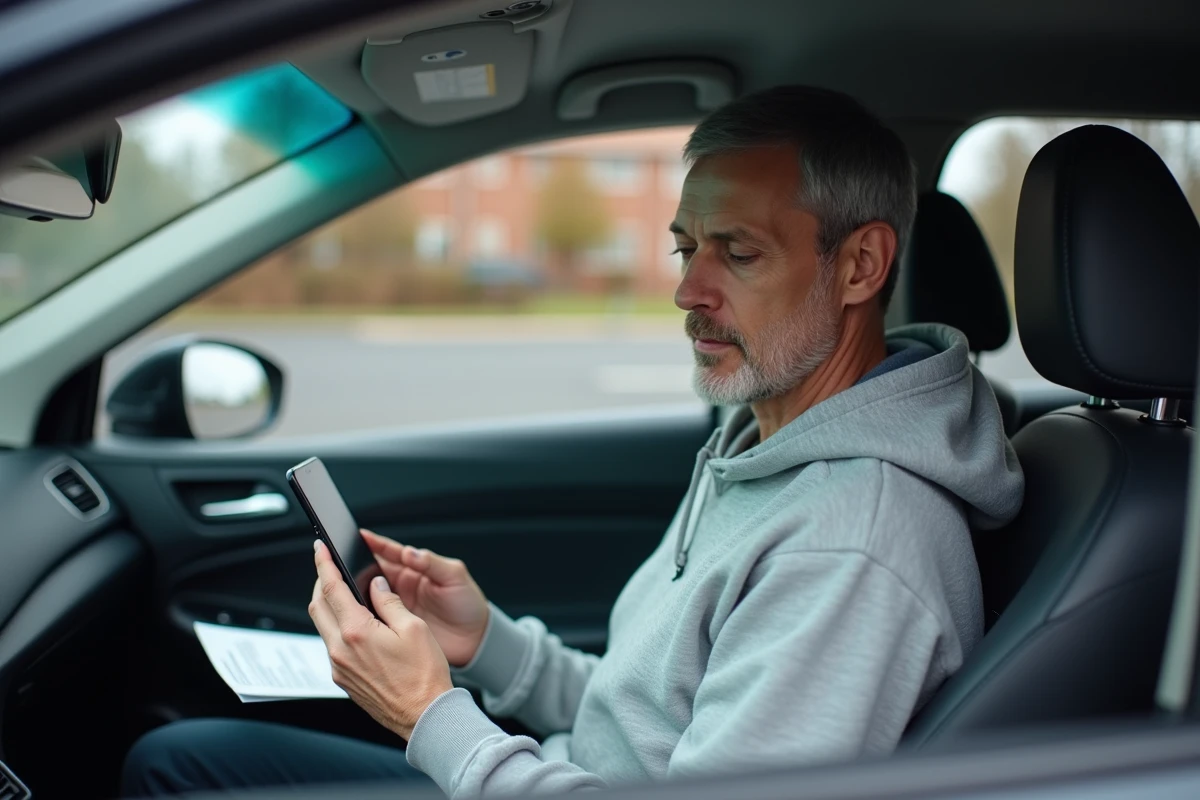 Personne révisant les questions du code de la route sur smartphone dans une voiture garée