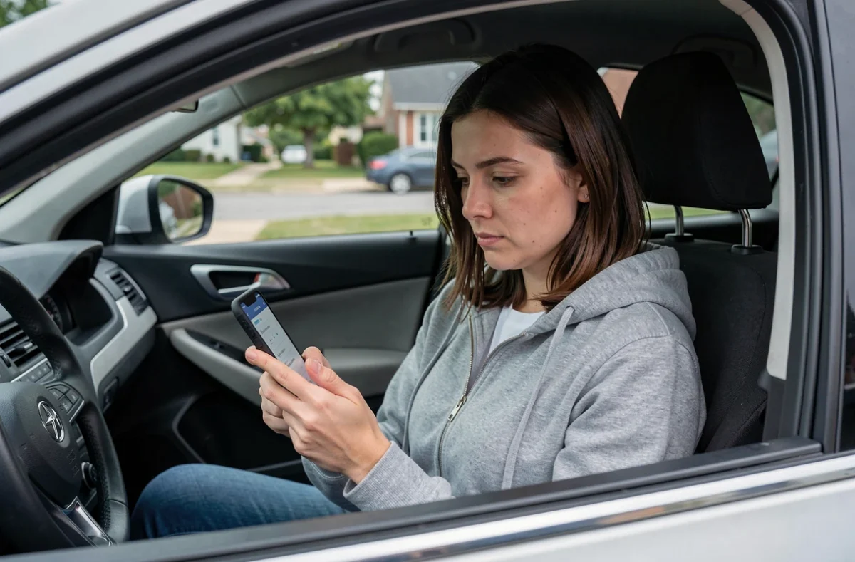 Femme révisant les questions du permis de conduire 2026 sur son téléphone assise dans une voiture garée