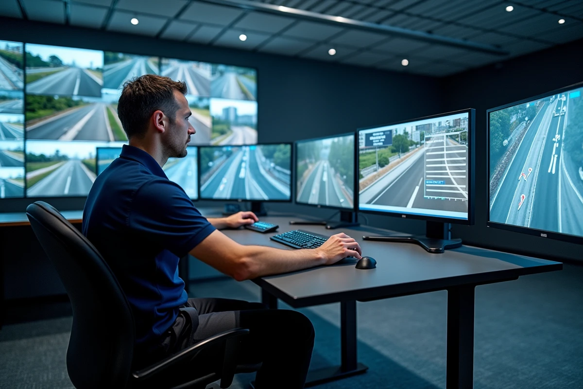 Technicien en salle de contrôle du trafic routier analysant les flux vidéo de caméras et radars sur plusieurs écrans de surveillance